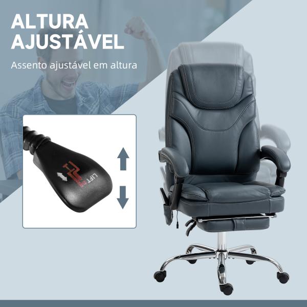 Cadeira de Escritório com 6 Pontos de Massagem por Vibração Aquecimento Estofada em Couro PU 67x67x113 - 121 cm Cinza
