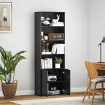 Estante para Livros de 6 Níveis Portas e 4 Prateleiras Abertas para Sala Escritório 59x29x180 cm Preto