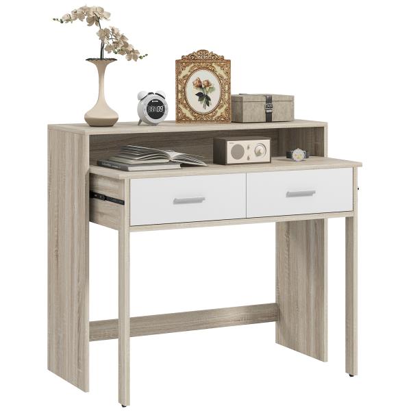 Mesa Consola de Entrada de 2 Níveis com Trilhos Deslizantes 2 Gavetas 2 Rodas Móvel de Entrada 95x35x87 cm Madeira e Branco