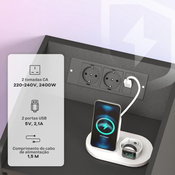 Mesa de Cabeceira com Luzes LED Gaveta Prateleira Estação de Carregamento Entrada USB e Controlo Remoto 40x40x58 cm Branco