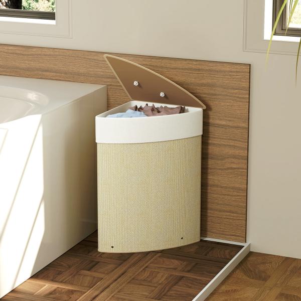 Cesto para Roupa Suja de Bambu de 55L com Tampa e Asa Saco Extraível e Lavável para Casa de Banho Quarto, 35x35x60 cm Creme