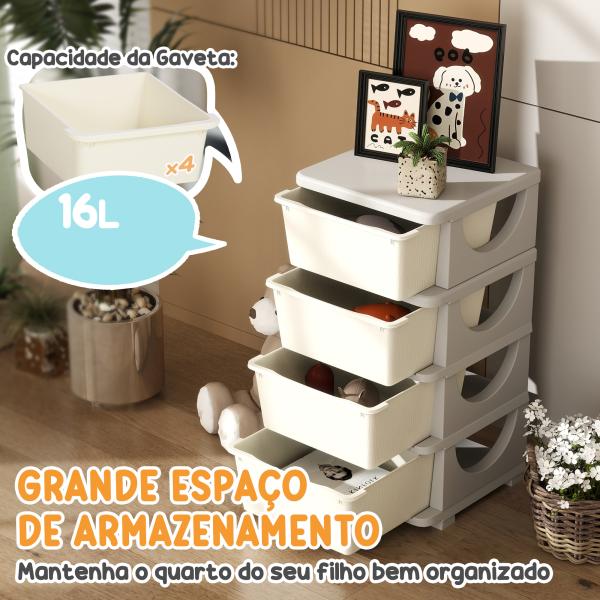 Organizador de Brinquedos com 4 Gavetas Torre de Arrumação para Crianças +3 Anos Cantos Arredondados e Pegas 37x37x76 cm Creme