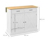 Ilha de Cozinha com Bancada de Madeira Dobrável 2 Portas 2 Gavetas Prateleira Ajustável e 4 Rodas 10x60x90,5 cm Branco e Madeira