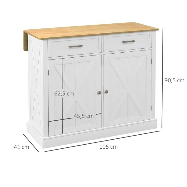 Ilha de Cozinha com Bancada de Madeira Dobrável 2 Portas 2 Gavetas Prateleira Ajustável e 4 Rodas 10x60x90,5 cm Branco e Madeira