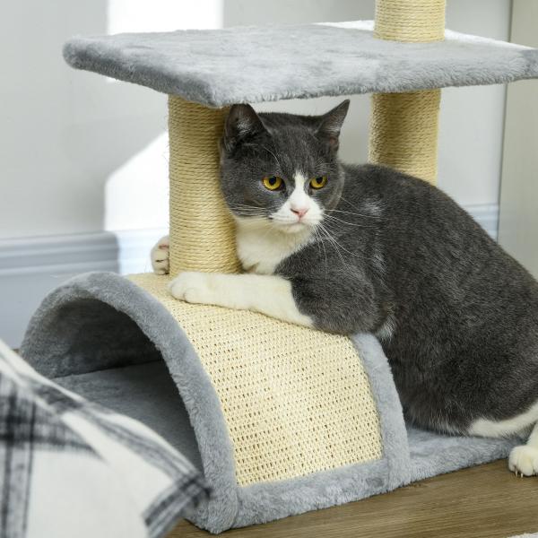 Arranhador para Gatos Médio de 3 Níveis com Postes de Sisal Placa para Arranhar e Bola Suspensa 40x35x72 cm Cinza