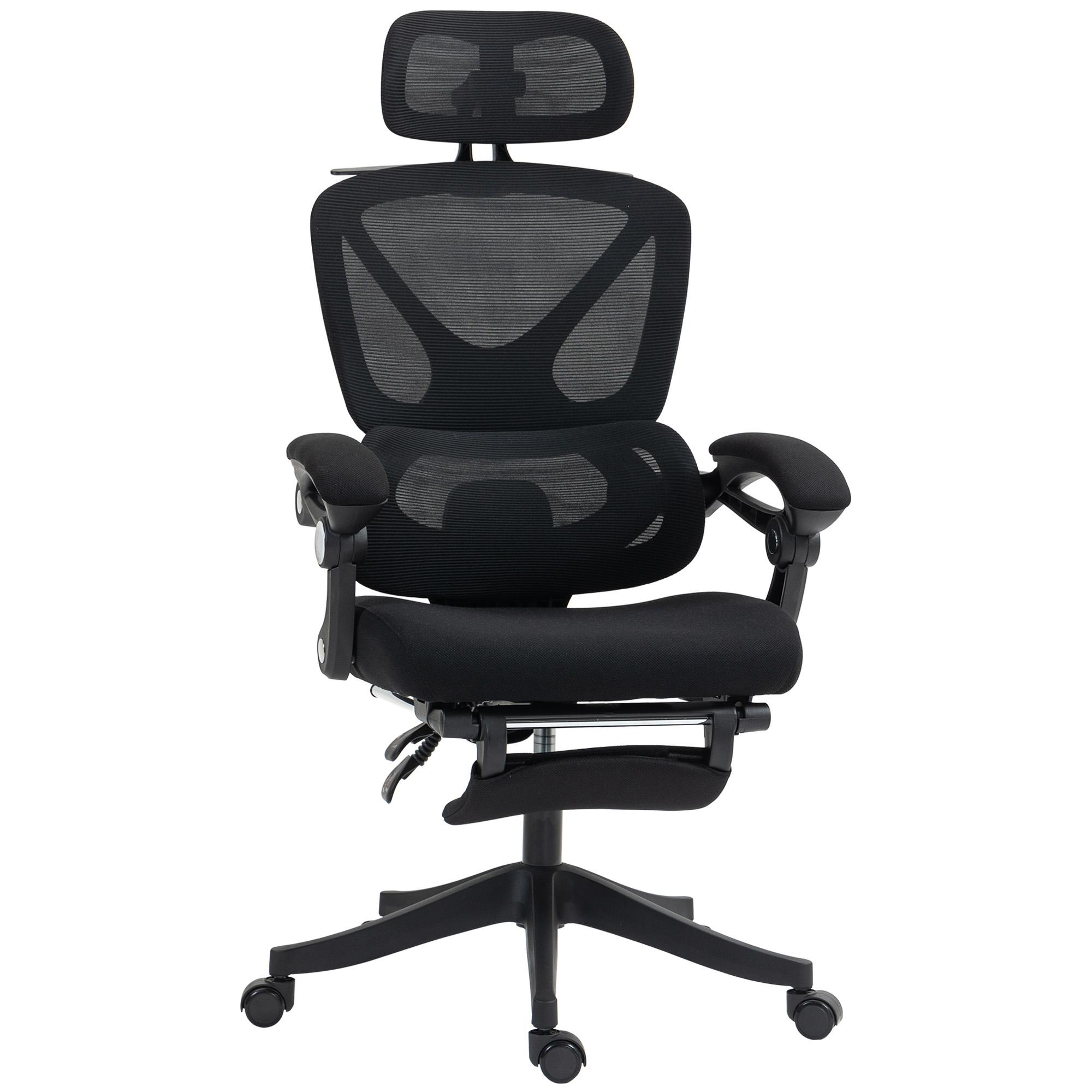 Cadeira de Escritório de Malha com Apoio para a Cabeça Suporte Lombar Apoio para os Pés Função de Inclinação 71x70x109 - 119 cm Preto