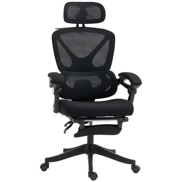 Cadeira de Escritório de Malha com Apoio para a Cabeça Suporte Lombar Apoio para os Pés Função de Inclinação 71x70x109 - 119 cm Preto