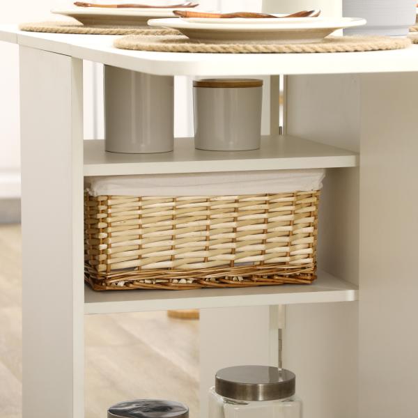 Mesa de Cozinha Dobrável com Laterais Dobráveis 6 Rodas e 2 Gavetas de Armazenamento 120x80x75 cm Branco