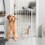 Barreira de Segurança para Cães Animais de Estimação 74 - 80cm para Escadas Portas e Corredores com Porta para Gatos Fechamento Automático e Sistema de Duplo Bloqueio Altura 91,4cm Branco