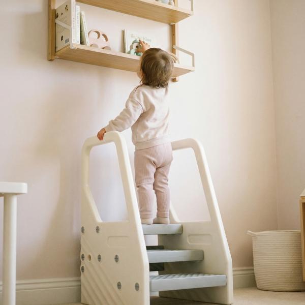 Banco Infantil Ajustável de 2 a 3 Degraus Torre de Aprendizagem Escada para Crianças de 2 - 5 Anos 43x42x65,5 cm Cinza