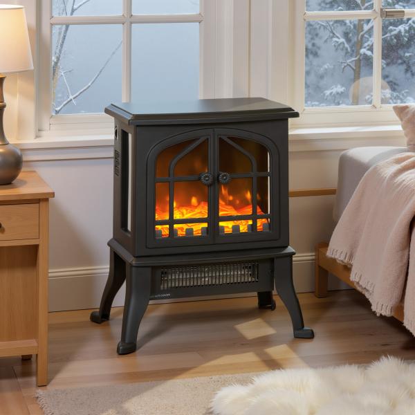 Lareira Elétrica 900/1800W com Efeito Chama 3D 2 Níveis de Potência Termóstato Ajustável para 15 - 30 ㎡ 39x24x48 cm Preto