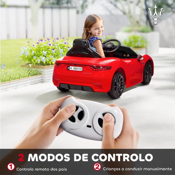 Carro Elétrico para Crianças Maserati Gran Turismo Folgore 12V Controlo Remoto Faróis Buzina e Música MP3 98x59x43 cm Vermelho