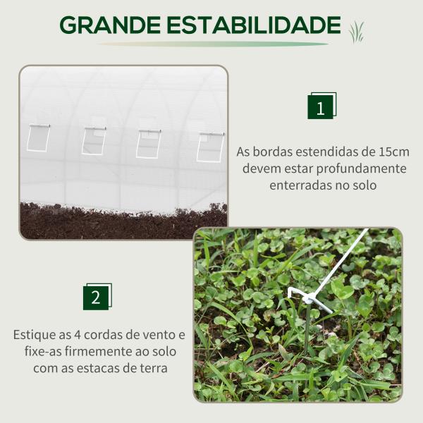 Estufa de Túnel 600x300x200cm com Porta Enrolável 12 Janelas Cobertura de PE 140g/m² e Metal Galvanizado para Cultivos de Plantas Verduras Branco