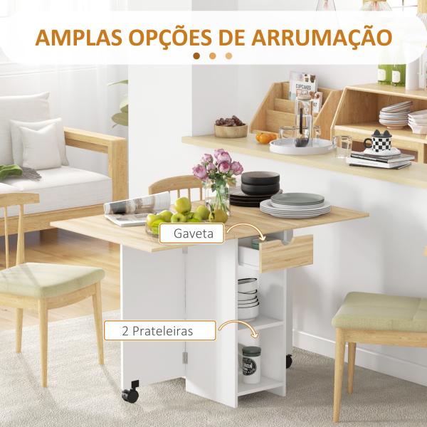 Mesa de Cozinha Dobrável com Rodas Laterais Rebatíveis Gaveta e Prateleiras para 2 - 4 Pessoas 120x72x75 cm Madeira Branco