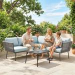 Conjunto de Móveis de Jardim em Ratã Sofá de Canto com Almofadas e Mesa de Centro para Terraço Exterior Azul Claro