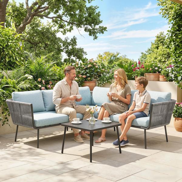 Conjunto de Móveis de Jardim em Ratã Sofá de Canto com Almofadas e Mesa de Centro para Terraço Exterior Azul Claro
