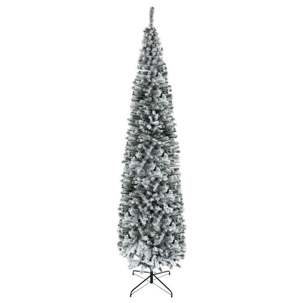 Árvore de Natal Estreita 270 cm com Efeito Neve, 1014 Ramos e Suporte Metálico, Verde e Branco