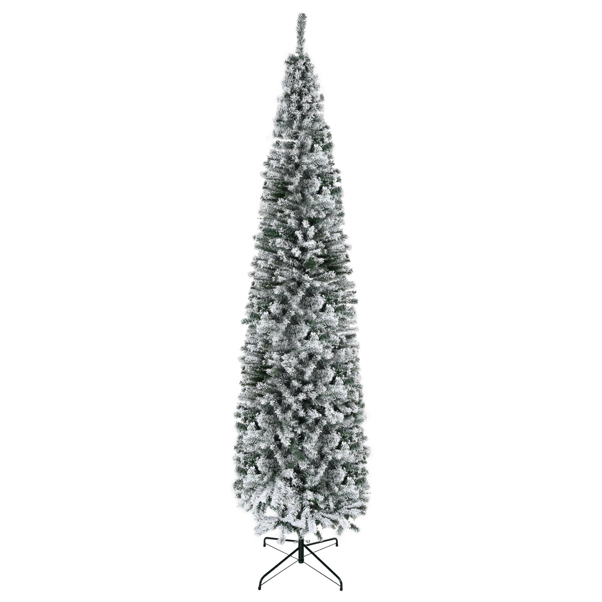 Árvore de Natal Estreita 270 cm com Efeito Neve, 1014 Ramos e Suporte Metálico, Verde e Branco