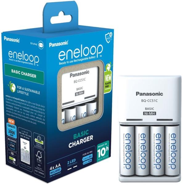 Carregador BQ - CC51C + 4 Pilhas Recarregáveis AA 2000mAh BK - 3MCDE eneloop - PANASONIC K - KJ51MCD40E