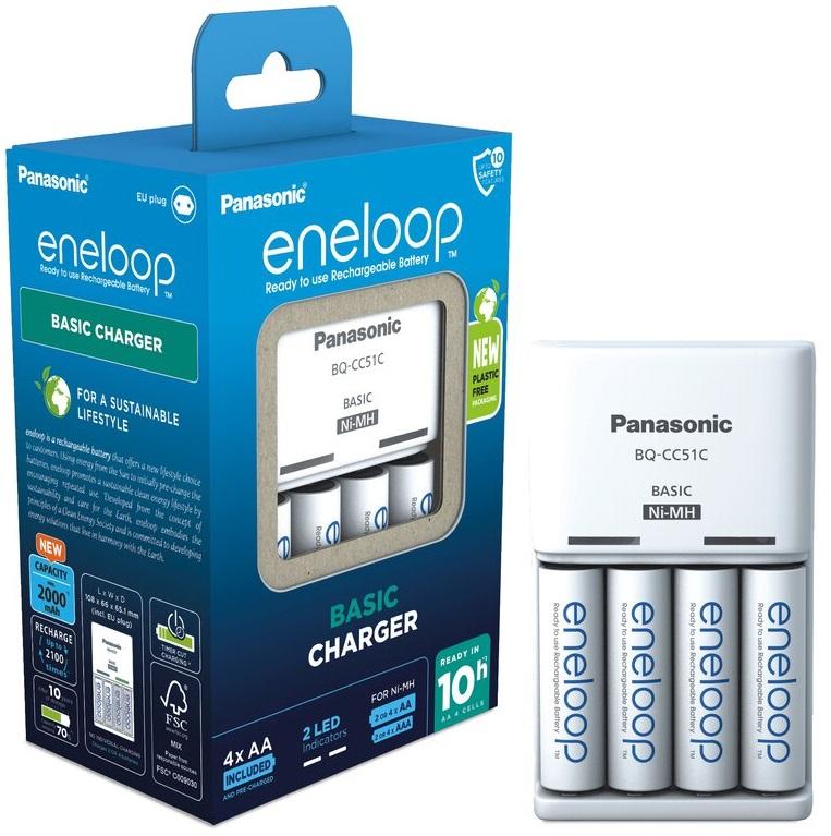 Carregador BQ - CC51C + 4 Pilhas Recarregáveis AA 2000mAh BK - 3MCDE eneloop - PANASONIC K - KJ51MCD40E