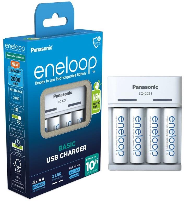 Carregador USB + 4 Pilhas Recarregáveis AA 2000mAh Eneloop - PANASONIC