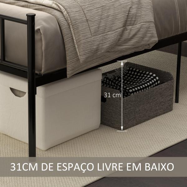 Estrutura de Cama Individual de Metal 31cm para Colchão 90x190cm com Cabeceira com Forma de Coração Estrutura de Cama com Espaço em Baixo de Armazenamento 95x196x100cm Preto