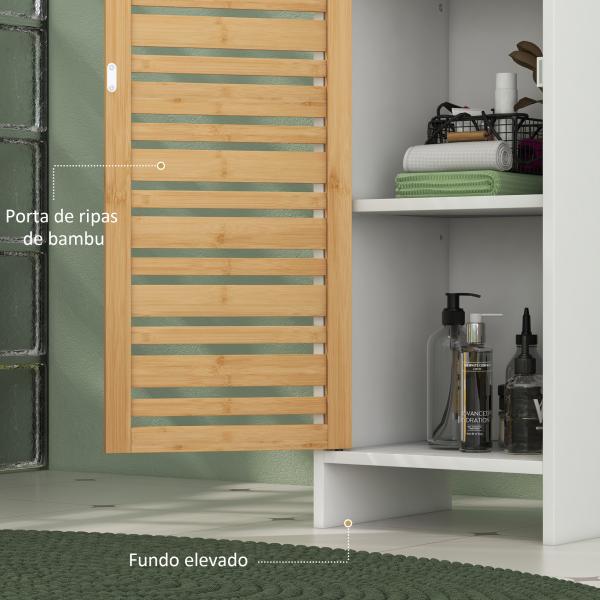 Coluna Casa de Banho Móvel Auxiliar Casa de Banho com Prateleiras Ajustáveis e Portas de Bambu 35x30x170 cm Branco e Madeira