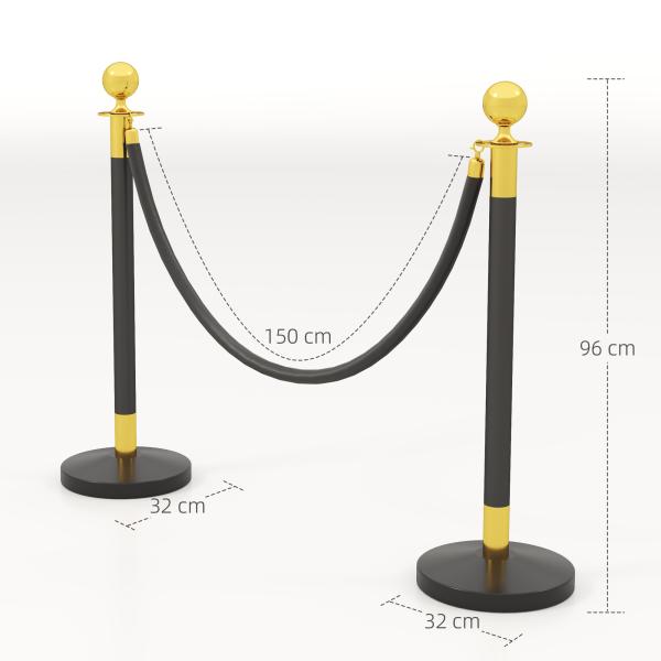Postes Separadores de Aço Inoxidável de 2 Peças, 96 cm de Altura, Base Recheável, Corda de Veludo Preto