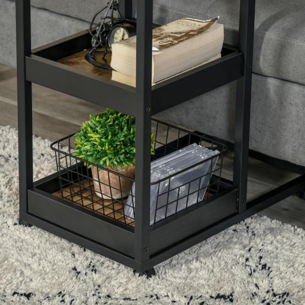 Mesa Auxiliar Industrial em Forma de C com Rodas Prateleiras Abertas e Estrutura de Aço 51x33x66 cm Marrom Escuro e Preto