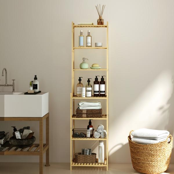 Estante de Casa de Banho de Bambu de 7 Níveis Estante de Arrumação com Desenho de Ripas 44x33x180 cm Madeira