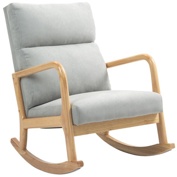 Poltrona Baloiço Estofada em Linho com Pés de Madeira de Borracha e Apoio para os Braços 65x87x94,5 cm Cinza