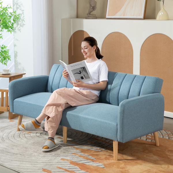 Sofá Cama de 2 Lugares com Encosto Ajustável em 3 Posições Apoio para os Braços e Pés de Madeira 173x75x73 cm Azul Claro