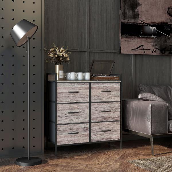 Cómoda com 6 Gavetas Dobráveis de Tecido Estrutura de Aço e Estilo Industrial 79x29x85 cm Cinzento