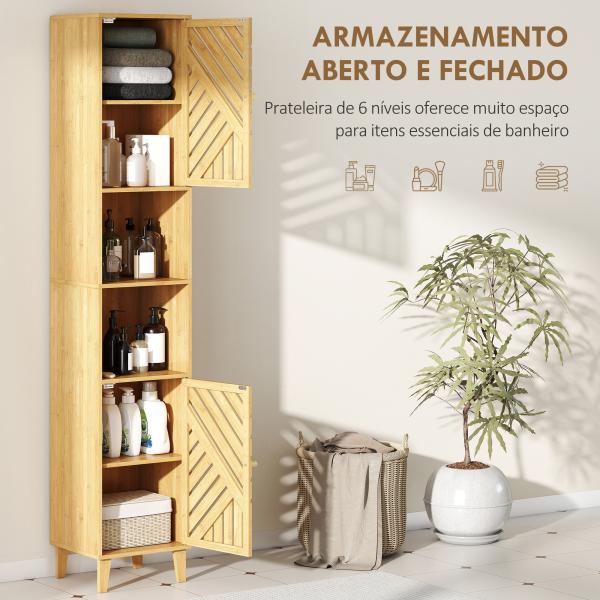 Coluna de Casa de Banho Estreita Armário de Casa de Banho Alto com Portas e Pés de Bambu 32x30x170 cm Madeira