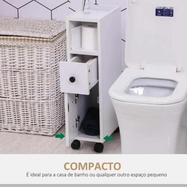 Armário de Casa de Banho Móvel Auxiliar para Espaço Reduzido com Rodas Prateleiras Abertas Armário e Gaveta 18x30x68,5cm Branco