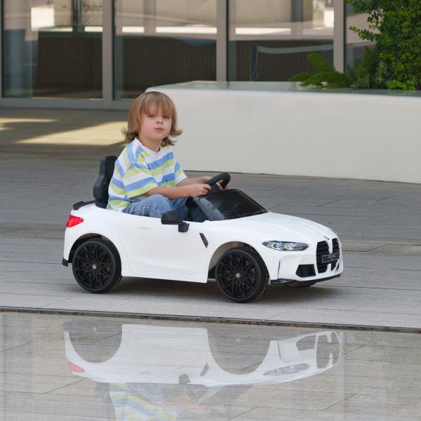 Carro Elétrico para Crianças BMW M4 12V com Controlo Remoto Faróis Buzina Música e Velocidade 3 - 5 km/h 108x69,5x51 cm Branco