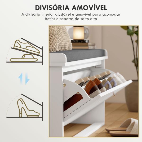 Banco Sapateira Moderno de Madeira com Prateleiras Ajustáveis e Almofada Acolchoada para 8 Pares de Sapatos 80x26x44,5 cm Branco