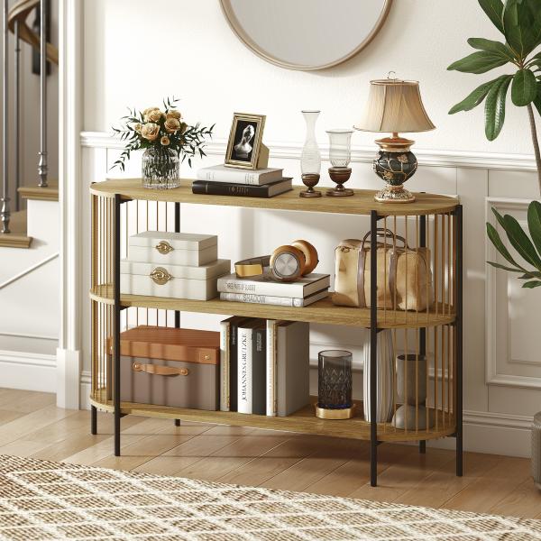 Mesa Consola com Corda de Papel Trançada à Mão Consola de Entrada de 3 Níveis com Estrutura de Aço Estilo Boémio 124x43,5x80 cm Madeira