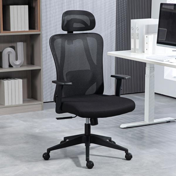 Cadeira de Escritório com Apoio para os Braços 2D Cadeira de Escritório com Altura Ajustável Apoio para a Cabeça Suporte Lombar Alto 67x64x117 - 127cm Preto