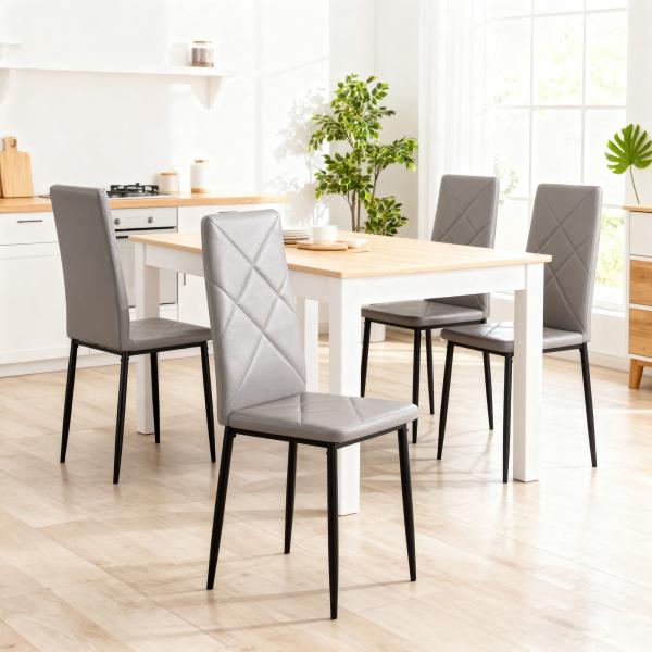 Conjunto de 4 Cadeiras de Sala de Jantar Estofadas em Couro Sintético com Encosto Alto e Pés de Aço 41x50x97 cm Cinza