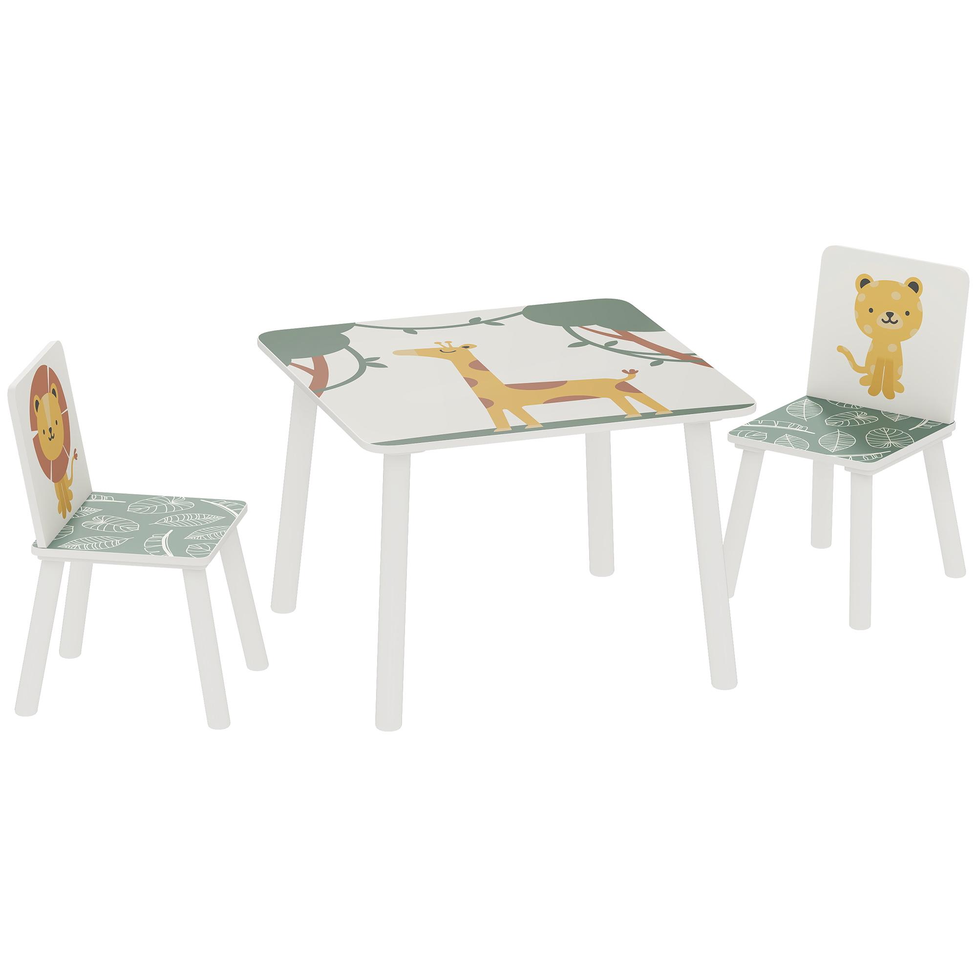 Mesa e Cadeiras para Crianças de 3 Peças Mesa Infantil com 2 Cadeiras em Madeira com Desenhos de Leões Verde
