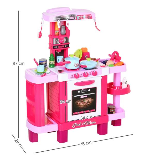 Cozinha para Crianças acima de 3 Anos Cozinha Infantil com 38 Acessórios Luz Som 78x29x87 cm Rosa
