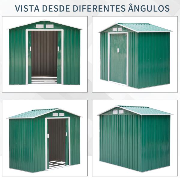 Abrigo de Jardim 213x130x185cm Abrigo de Jardim Metálico de Exterior com 2 Portas Deslizantes e 4 Janelas Verde