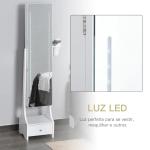 Joalheiro de Pé com Espelho Luz Armário para Jóias com Espelho de Corpo Inteiro 3 Ângulos Ajustáveis com Gaveta e Suporte para Secador 37x30x158cm Branco