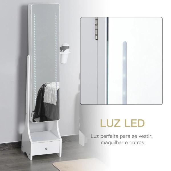 Joalheiro de Pé com Espelho Luz Armário para Jóias com Espelho de Corpo Inteiro 3 Ângulos Ajustáveis com Gaveta e Suporte para Secador 37x30x158cm Branco