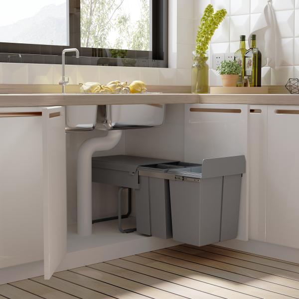 Cubos de Lixo para Cozinha com 3 recipientes de Reciclagem Removíveis 1x20L e 2x10L Metal e Plástico 48x34,2x41,8cm Cinza