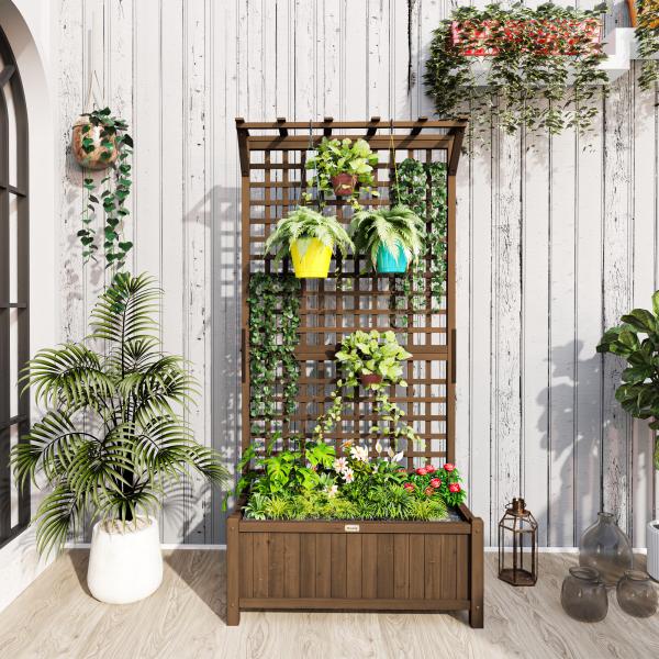 Floreira com Treliça de Madeira Caixa de Plantio com Suporte para Plantas Trepadeiras 90x45x183cm Marrom Escuro