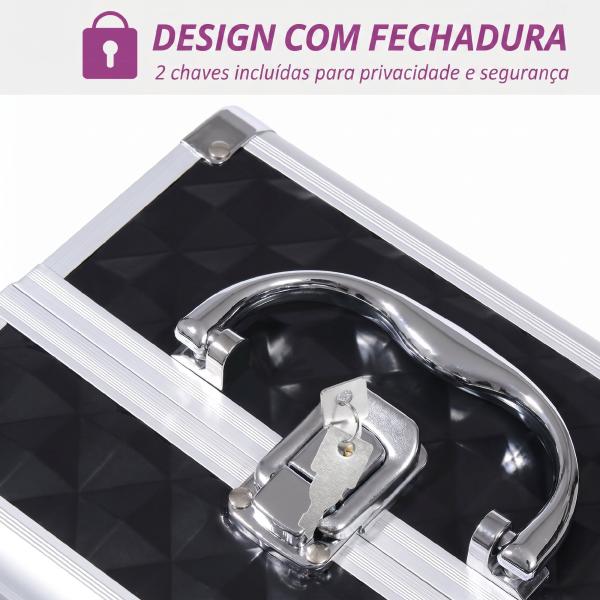 Estojo de Maquilhagem Organizador Cosméticos Profissional Portátil com Fecho e Vários Compartimentos 20x15x15 cm, Preto