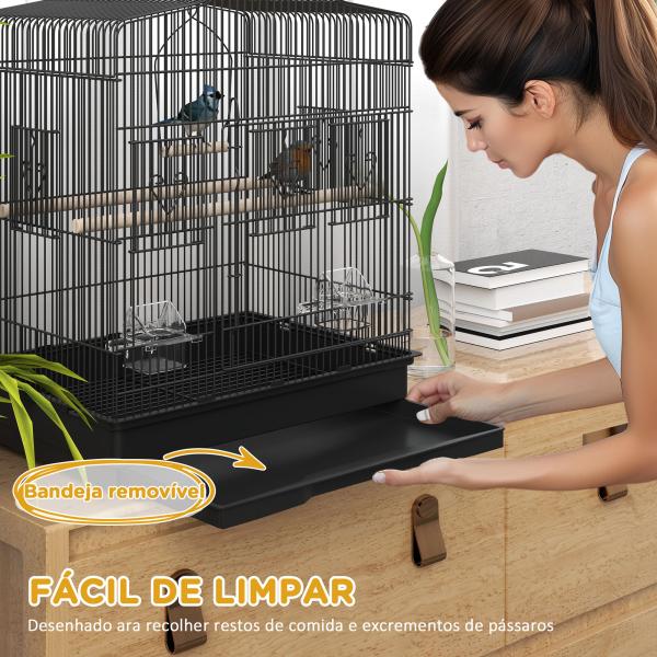 Gaiola para Pássaros 46,5x36x59 cm Gaiola de Metal para Pássaros com 2 Comedouros 2 Poleiros Baloiço Bandeja Amovível Preto
