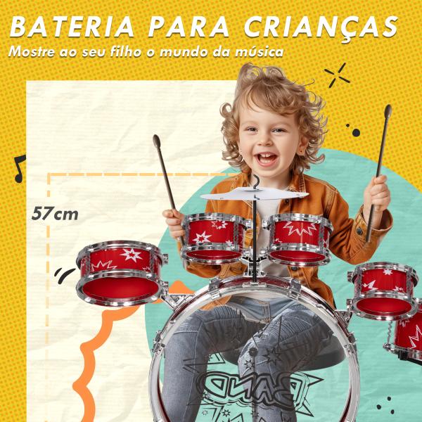 Bateria Infantil com Banco Bateria para Crianças acima de 3 Anos com Pedal e Baqueta Desenho de Estrelas 65x22x57 cm Vermelho